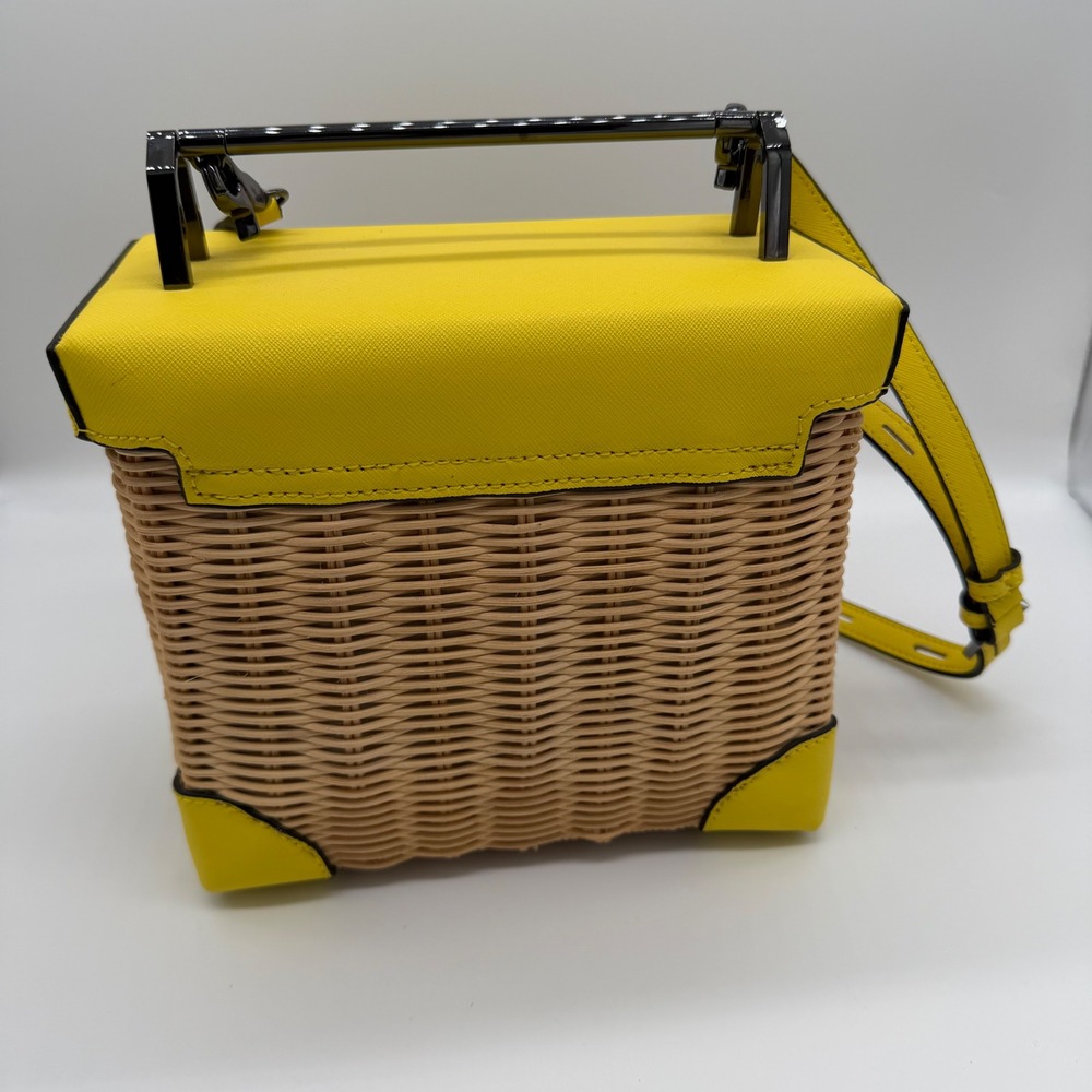 Botkier Lennox Lunchbox Wicker Crossbody Bag Yellow Leather Trim Woven Straw - Picture 5 of 10